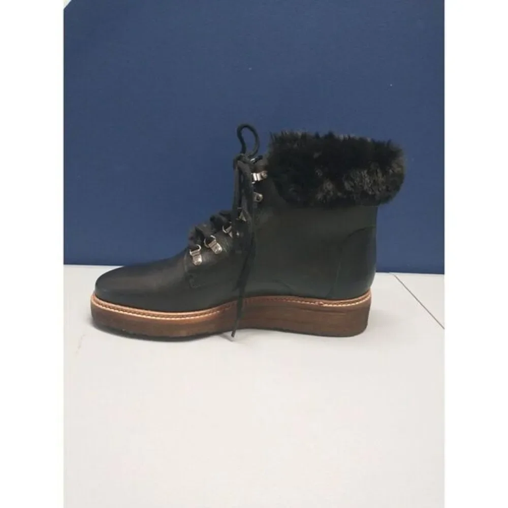 Botkier Mocha Winter Boots Women Size 7.5 Black Genuine Leather Fur Trim Lace Up